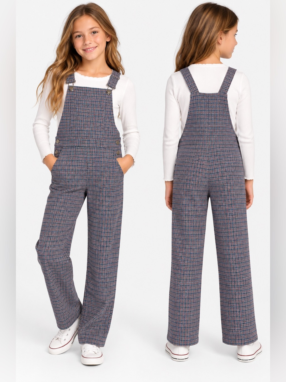 Zara Girls Plaid Check Overalls Jumpsuit Size 10 Gray Blue Red